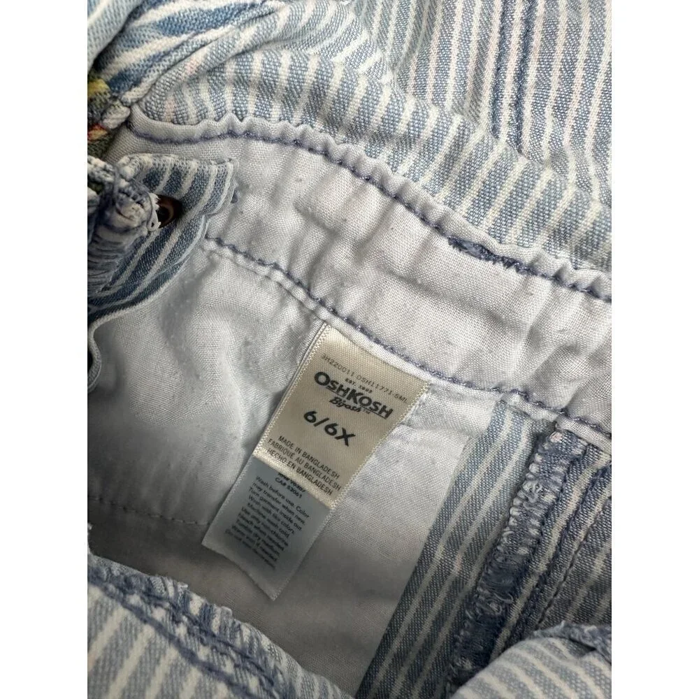OshKosh Bgosh Girls Floral Striped Denim Overall Shorts Size 6/6X Blue & White W